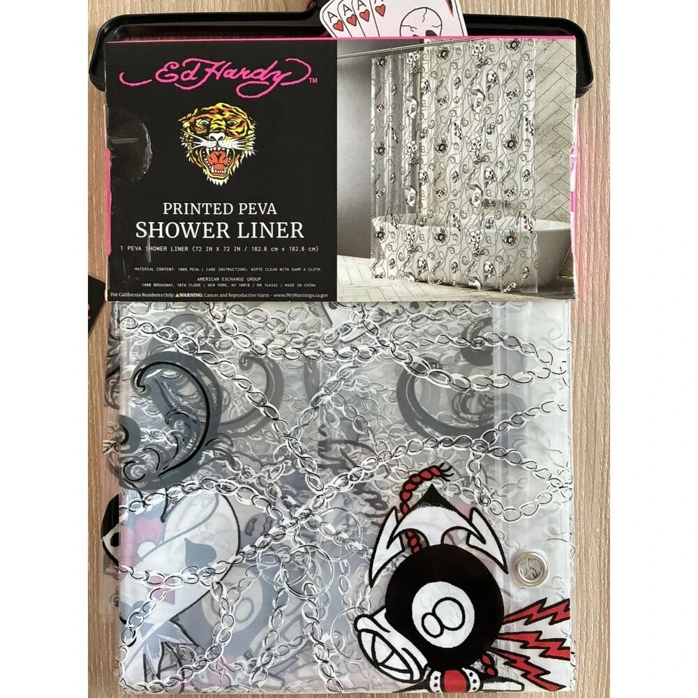 Ed Hardy Printed PEVA Shower Curtain Liner Tattoo Skull Chains 72x72 New